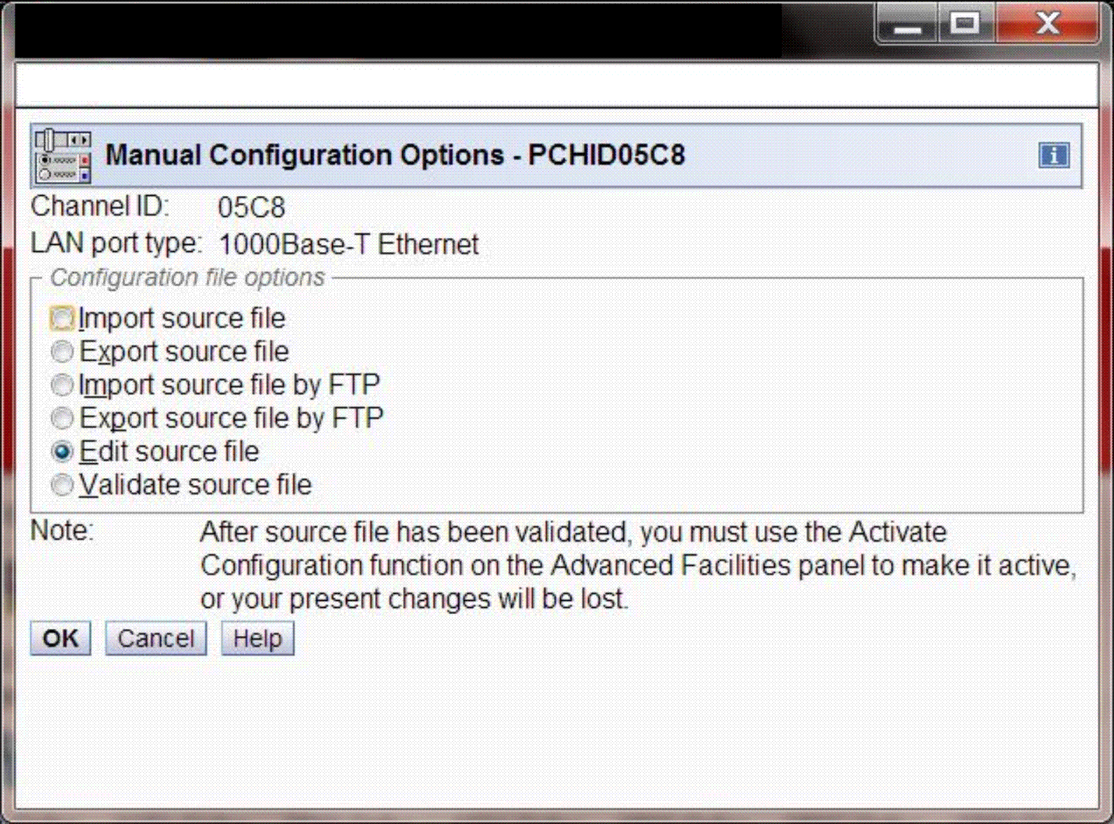 Manual Configuration Options window